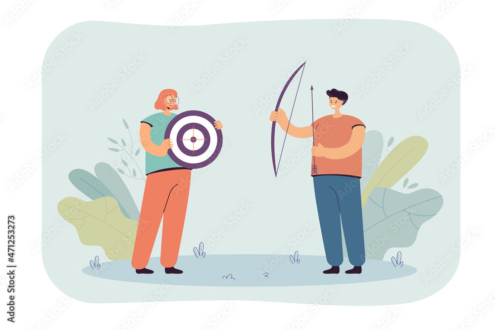 Cartoon archer with bow and arrow and woman holding target. Man training with weapon for competition flat vector illustration. Archery, sports concept for banner, website design or landing page Cartoon archer with bow and arrow and woman holding target. Man training with weapon for competition flat vector illustration. Archery, sports concept for banner, website design or landing page