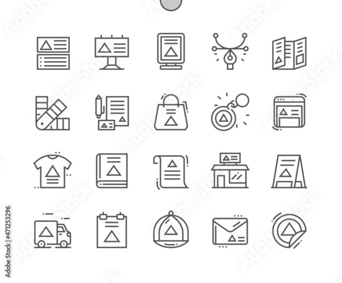Branding. Business cards. Corporate identity. Sticker printing. Advertising stand. Management, brand, commercial and promotion. Pixel Perfect Vector Thin Line Icons. Simple Minimal Pictogram