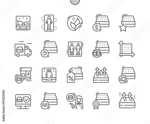 Mattress shop and store. Buy, price and product reviews. Sleeping mattress. Water repellent materials. Eco friendly. Pixel Perfect Vector Thin Line Icons. Simple Minimal Pictogram