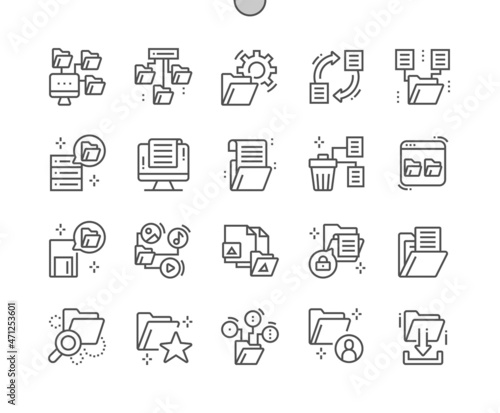 Organizing file. Folder settings. Delete files. Administrator data. Paper, office, archive and paperwork. Pixel Perfect Vector Thin Line Icons. Simple Minimal Pictogram photo