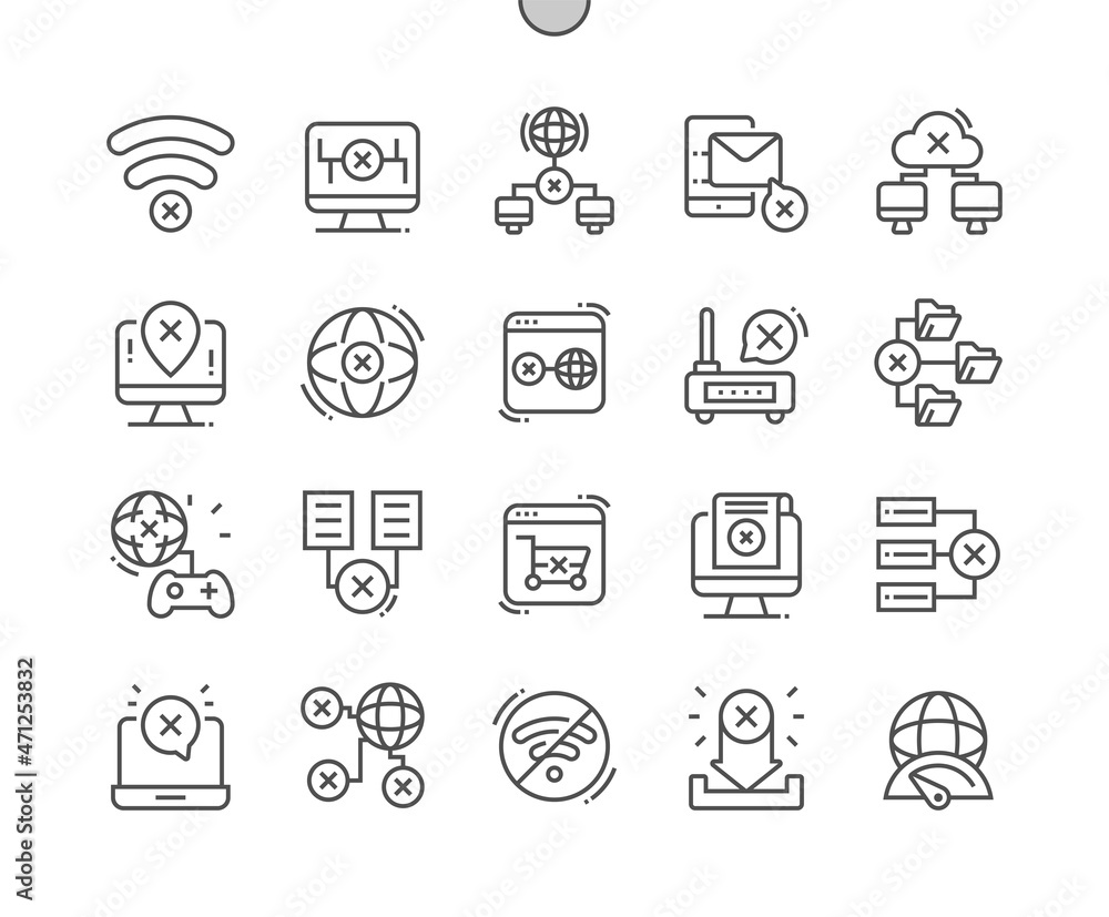 Internet down. Disconnection. Wifi not work. Message not sent. Low speed internet. Pixel Perfect Vector Thin Line Icons. Simple Minimal Pictogram Internet down. Disconnection. Wifi not work. Message not sent. Low speed internet. Pixel Perfect Vector Thin Line Icons. Simple Minimal Pictogram