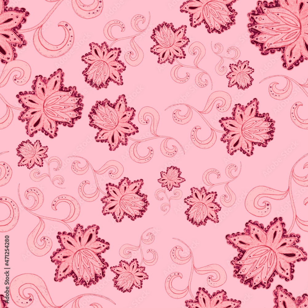 Watercolor seamless pattern with folky flowers and leaves in ethnic style. Floral decoration. Traditional paisley pattern. Textile design texture.Tribal ethnic vintage seamless pattern.