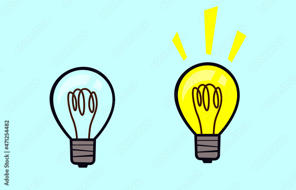 Two light bulbs on a blue background, one off, the other emitting light. Concept idea Two light bulbs on a blue background, one off, the other emitting light. Concept idea