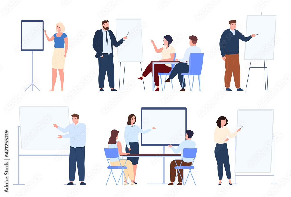 Business speakers set vector flat illustration. Successful man woman performing explaining report