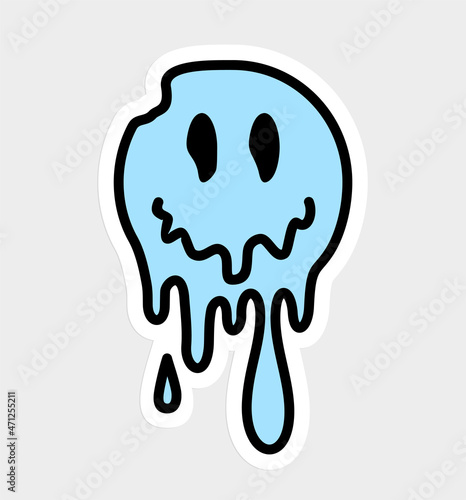 Trippy psychedelic Sticker. Melting smiling face. Psychedelic surreal techno acid LSD melt smile face logo. Dripping smile. Good mood. Positive emoji. Molten. Vector. Emoji face. Positive emoji