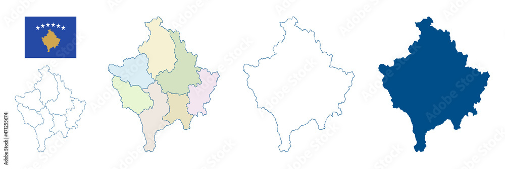 Kosovo map. Set of vector maps. Detailed blue outline and silhouette. Administrative divisions and districts. Country flag. All isolated on white background. Template for design and infographics.