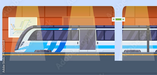 Modern empty metro station interior design vector flat cartoon illustration. Subway train platform