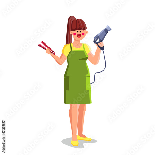 hairdresser hair salon. professional hairdresser woman. haircut stylist girl. fashion salon. client care. vector character flat cartoon Illustration