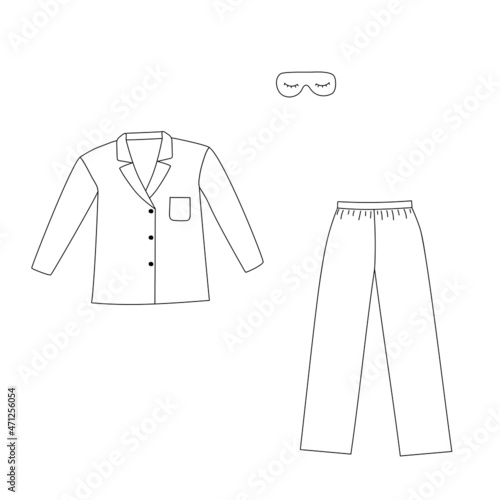 Set of sleepwear clothes. Doodle line art pajama and eye mask. Isolated vector illustration 