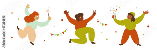 Three diversity characters celebrate new year, birthday, holiday event, opening ceremony. Group of happy people dance on celebrating party. Man and woman hold confetti, sparklers. Vector illustration