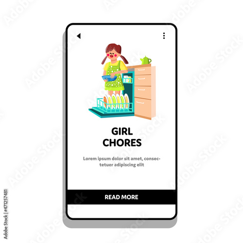 Girl Chores And Help Parents In Kitchen Vector. Daughter Girl Chores And Helping, Putting Dishes In Dishwasher Equipment. Character Child Housekeeping At Home Web Flat Cartoon Illustration