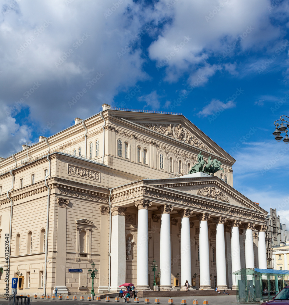 Facade of the Bolshoi Theatre, a historic theatre in Moscow, Russia, Europe
