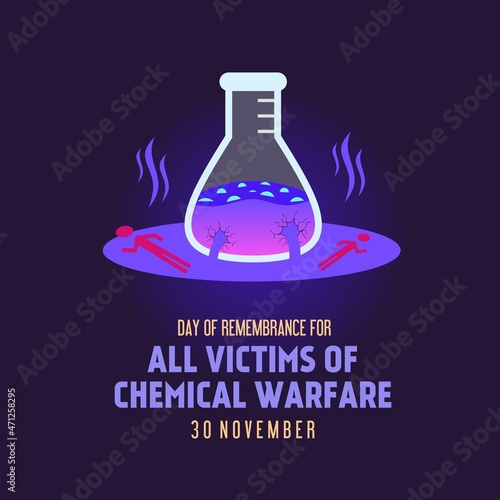 Laboratory flask leak. Illustration of victims falling and dying due to chemical weapons warfare concept. Day of remembrance for all victims of chemical warfare