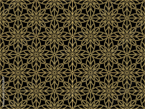 Flower geometric pattern. Seamless vector background. Gold and black ornament