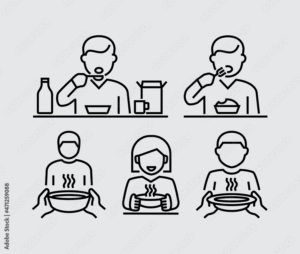 People Eating. Food Sharing Charity. Hand Hold Plate Vector Line Icons People Eating. Food Sharing Charity. Hand Hold Plate Vector Line Icons