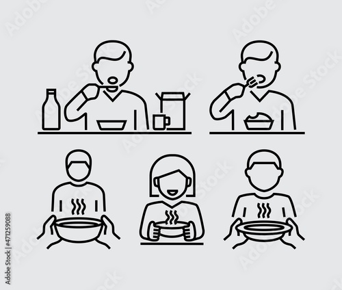 People Eating. Food Sharing Charity. Hand Hold Plate Vector Line Icons
