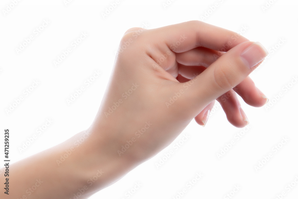 Woman hand handle card of posture, isolated on white background Woman hand handle card of posture, isolated on white background