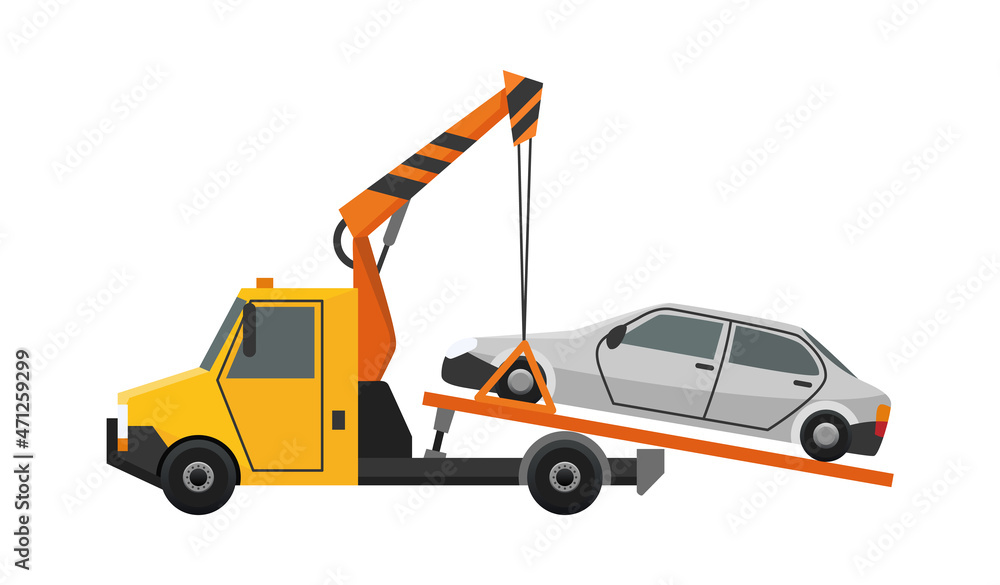 Tow truck. Flat faulty car loaded on a tow truck. Vehicle repair service which provides assistance damaged or salvaged cars Tow truck. Flat faulty car loaded on a tow truck. Vehicle repair service which provides assistance damaged or salvaged cars