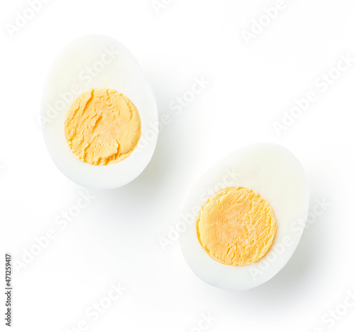 Hard boiled eggs isolated on white, from above