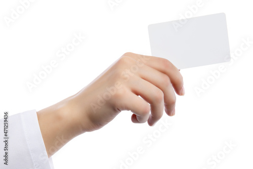 Blank business card in woman's hand