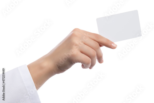 Blank business card in woman's hand