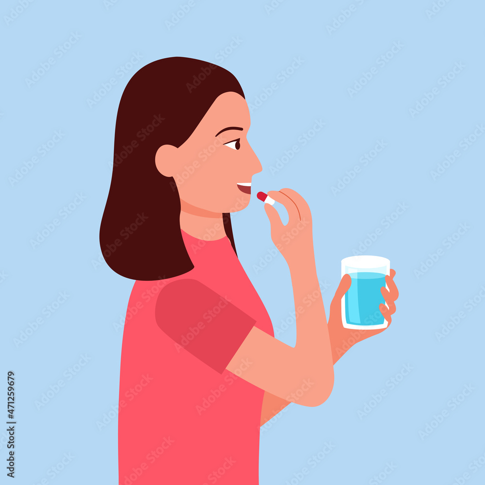 Woman taking medicine for illness treatment. Young female take vitamin or supplement capsule pill with water. Woman taking medicine for illness treatment. Young female take vitamin or supplement capsule pill with water.