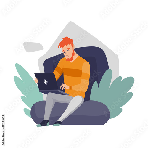 Freelance man working at home in comfortable conditions. Cartoon character work from home. Spend time at home during quarantine. Be safe © the8monkey