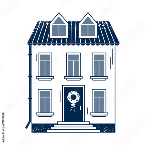 Cute line winter house with wreath on door, isolated on white background. European city building. Flat line art