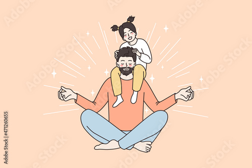 Happy fatherhood and childhood concept. Young smiling father sitting meditating and holding hid little happy daughter on his shoulders vector illustration 