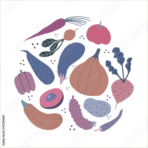 Fresh farm circle shaped vegetables poster in pastel colors