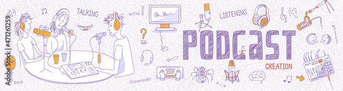 Horizontal Internet banner with people in sound recording studio. Outline icons - special equipment for podcasts creation: microphones, headphones, mixer, computer, DAW. Panoramic view, vector
