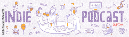 Indie podcasting. Horizontal header for podcast's creators with outline icons showing 2 men and special equipment for sound recording: microphones, headphones, mixer, computer. Panoramic view, vector