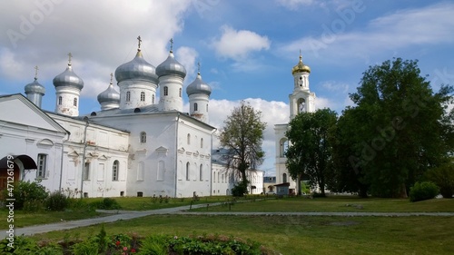 Ancient historical building of orthodox church cathedral in Russia, Ukraine, Belorus, Slavic people faith and beleifs in Christianity Velikiy Novgorod the Great photo