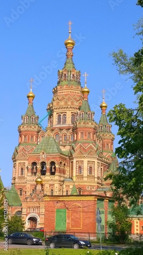 Ancient historical building of orthodox church cathedral in Russia, Ukraine, Belorus, Slavic people faith and beleifs in Christianity Saint Petersburg Petergof