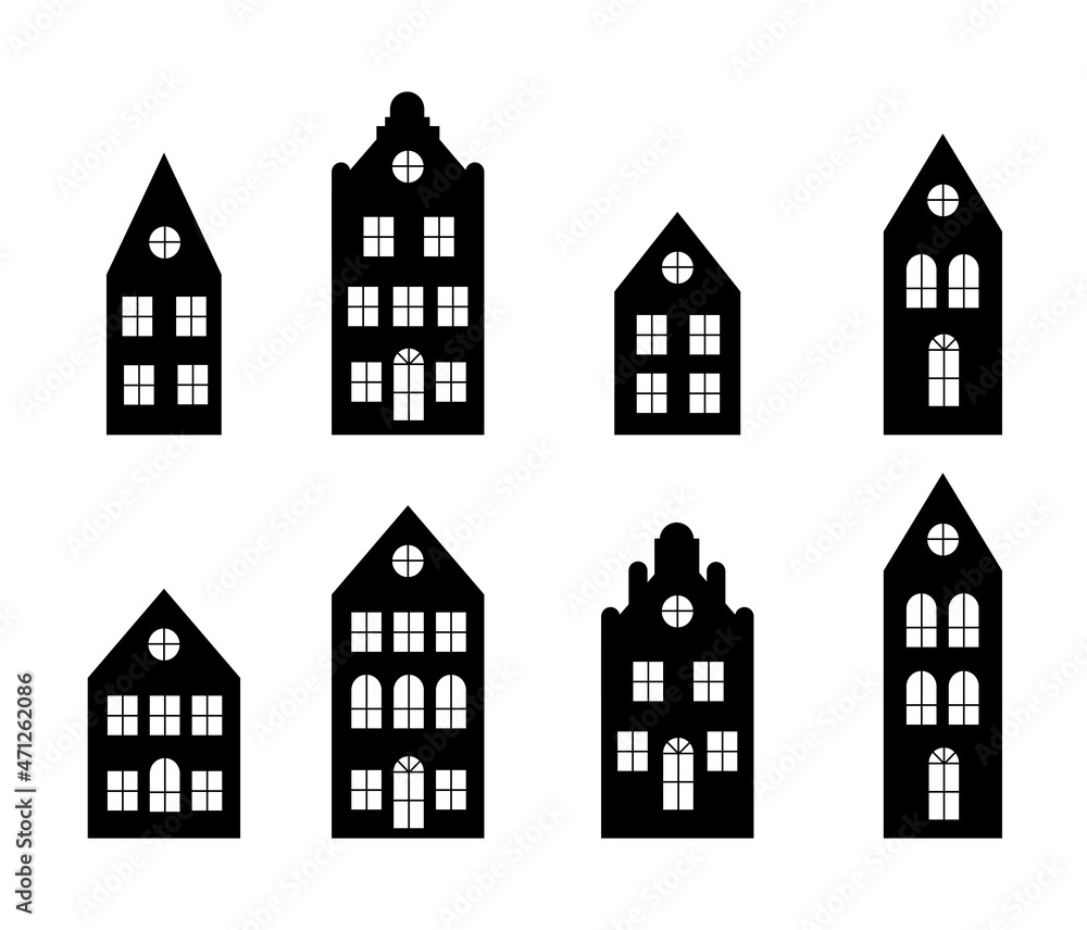 Laser cutting Amsterdam style houses. Silhouette of a row of typical dutch canal view at Netherlands. Stylized facades of old buildings.
