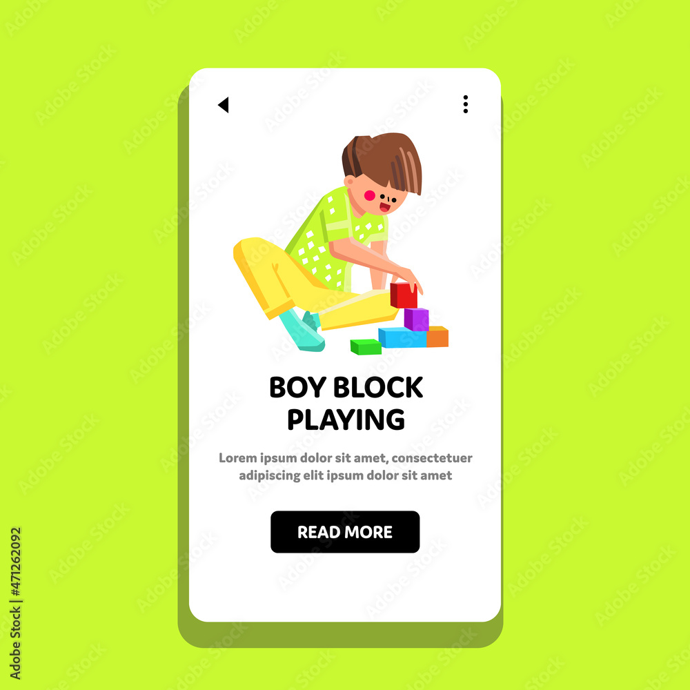 Boy Block Playing Game In Kindergarten Vector. Child Boy Block Playing Toy On Children Room Floor. Cheerful Character Gaming Playful Time With Toy Constructor Web Flat Cartoon Illustration