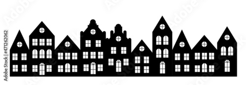 Laser cutting Amsterdam style houses. Silhouette of a row of typical dutch canal view at Netherlands. Stylized facades of old buildings.