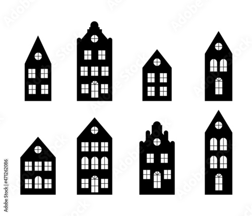 Laser cutting Amsterdam style houses. Silhouette of a row of typical dutch canal view at Netherlands. Stylized facades of old buildings.
