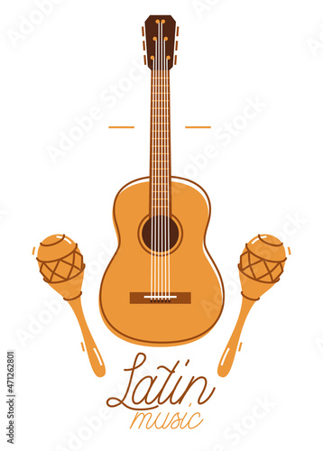 Latin music emblem or logo vector flat style illustration isolated, acoustic guitar logotype for recording label or studio or musical band.