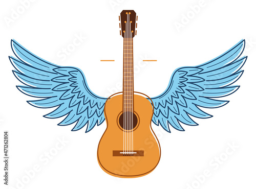 Acoustic guitar with wings vector emblem for festival or concert or player isolated on white, live music theme, logo for musical recording label, instruments shop.