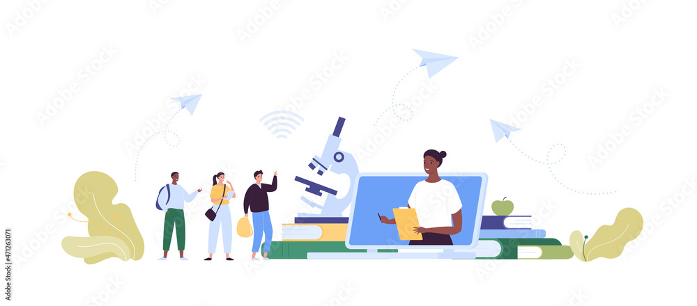 Education concept. Online university, webinar and courses. Vector flat people illustration. Multiethnic group of student with book and microscope on background. Female african teacher on screen.