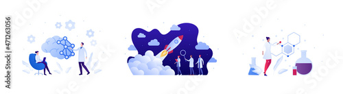 Technology and science concept. Vector flat illustration set. Male and female scientist team with brain on background. Rocket launch and chemistry, biology beaker and molecule symbol.