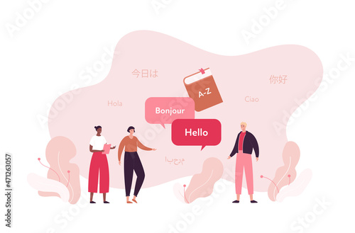 Language school education concept. Vector flat people illustration. Multiethnic group of student. Book, speech bubble with hello and bonjour text. Arabian, chinese word on background.