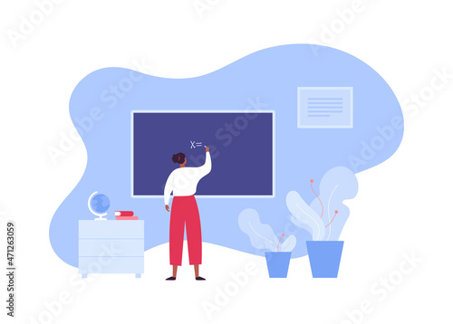 School education concept. Vector flat people illustration. Math class. African student write x on blackboard. Planet earth globe and book symbol.