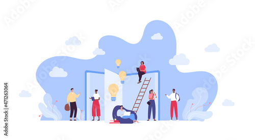 School and university education concept. Vector flat people illustration. Multiethic group of student. Book, light bulb, ladder of success symbol on sky background. African, white, mixed ethnic person