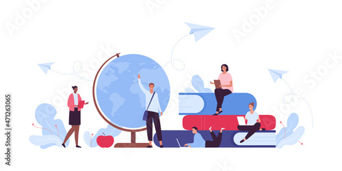 School and university education concept. Vector flat people illustration. Multiethnic group of student. Book, earth globe, paper plane symbol on sky background. African, white, mixed ethnic person