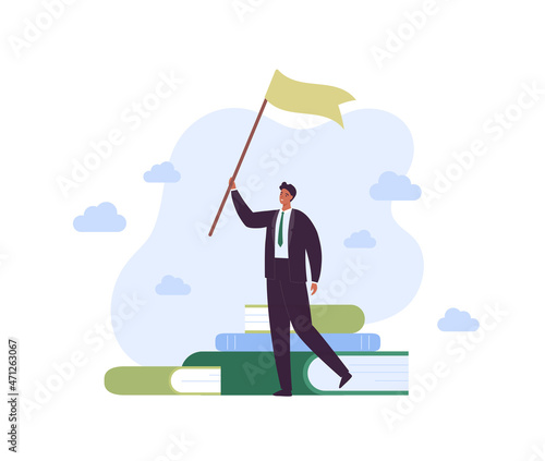 Education concept. Business mba courses. Vector flat people illustration. Male businessman student in suit standing with flag in hand. Book symbol on sky background