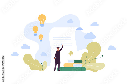 Education concept. University and business courses graduation. Vector flat people illustration. Male student standing with diploma in hand. Book, light bulb and paper document symbol on background