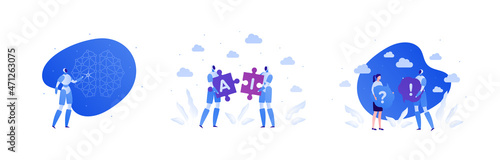 Technology and artificial intelligence concept. Vector flat illustration set. Robot and woman character isolated on white. Brain, exclamation and question mark symbol. Design for machine education.