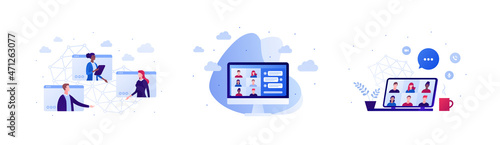 Technology and business concept. Communication, webinar and online teleconference. Vector flat illustration set. Smartphone and laptop with people avatar symbol on screen.